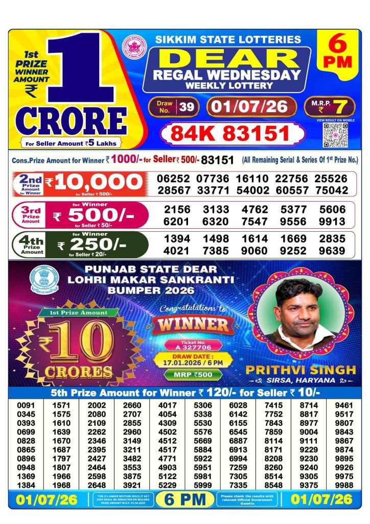 01-07-26 Sikkim State Lottery 6 PM Dear Result Lottery Result Today 01.07.26