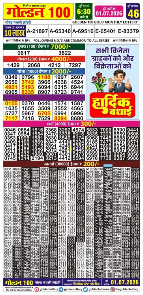 01-07-26 Golden 100 Monthly Lottery Result | Lottery Result Today 01.07.26