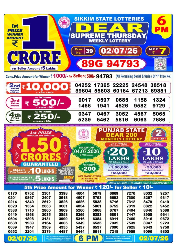 02-07-26 Sikkim State Lottery 6 PM Dear Result Lottery Result Today 02.07.26