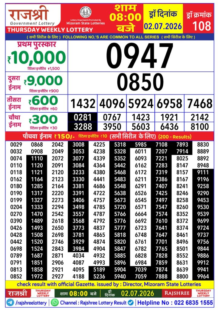 02-07-26 Rajshree Lottery 8 PM Result Today Lottery Result Today 02.07.26