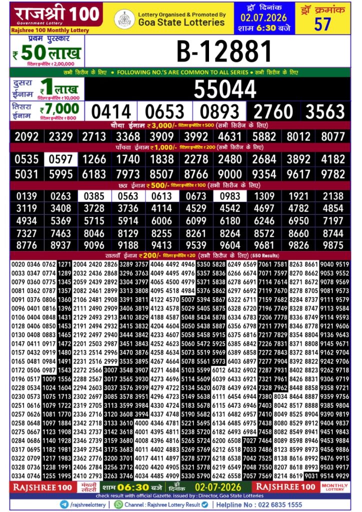02-07-26 Rajshree 100 Monthly Lottery Result Today| Lottery Result Today 02.07.26
