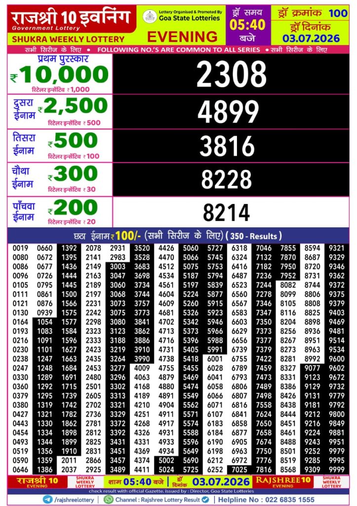 03-07-26 Rajshree 10 Evening 5:40 PM Result Lottery Result Today 03.07.26