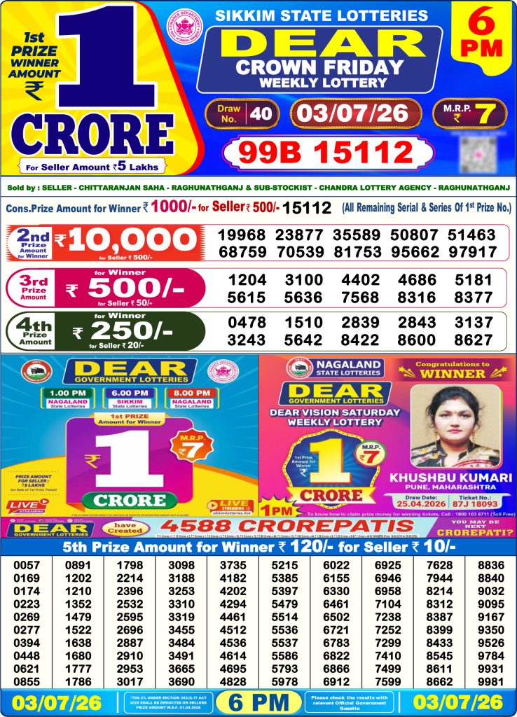 03-07-26 Sikkim State Lottery 6 PM Dear Result Lottery Result Today 03.07.26