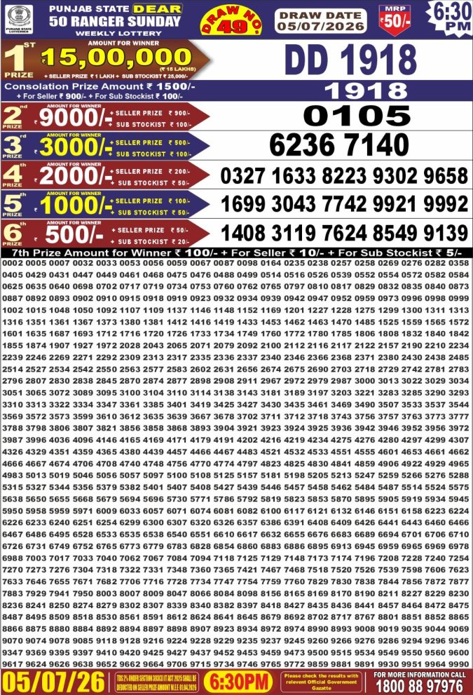 05-07-26 Punjab State Lotteries Dear 50 6:30 PM Result Lottery Result Today 05.07.26