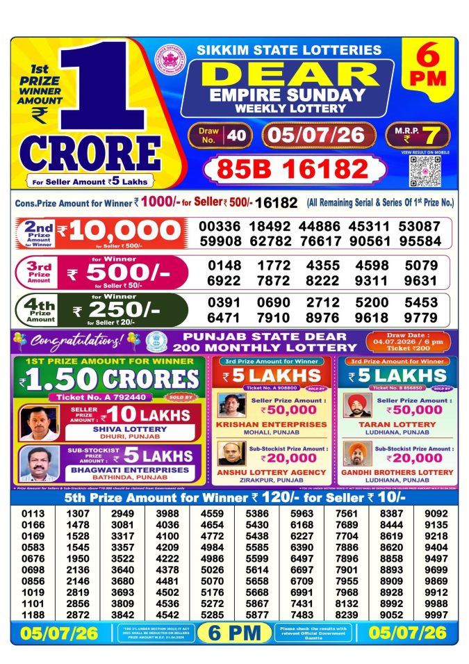 05-07-26 Sikkim State Lottery 6 PM Dear Result Lottery Result Today 05.07.26