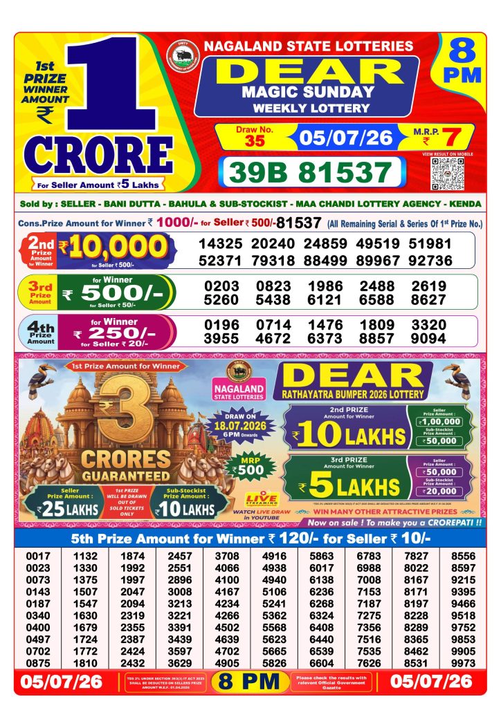 05-07-26 Nagaland Lottery Sambad 8 PM Result Dear Lottery Lottery Result Today 05.07.26