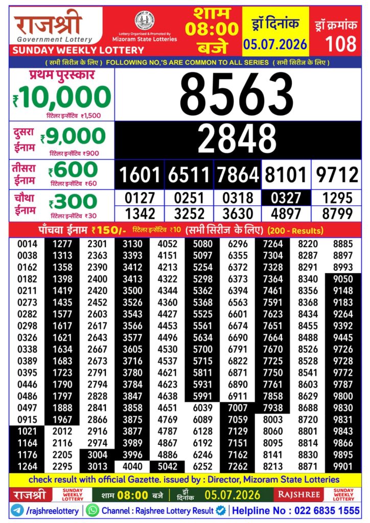 05-07-26 Rajshree Lottery 8 PM Result Today Lottery Result Today 05.07.26