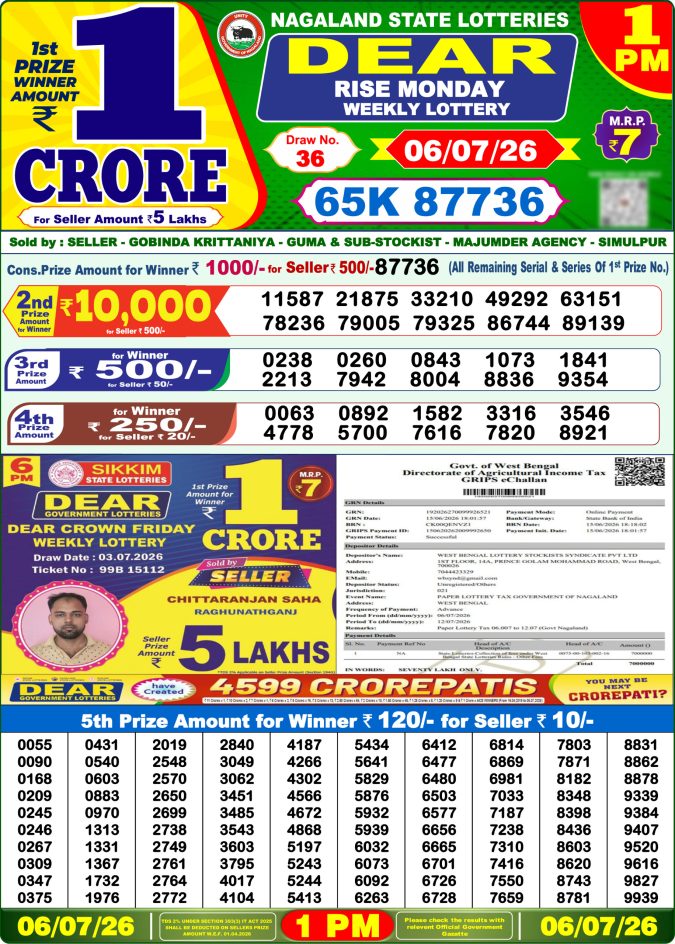 06-07-26 Lottery Sambad 1 PM Result Dhankesari Lottery Result Today 06.07.26