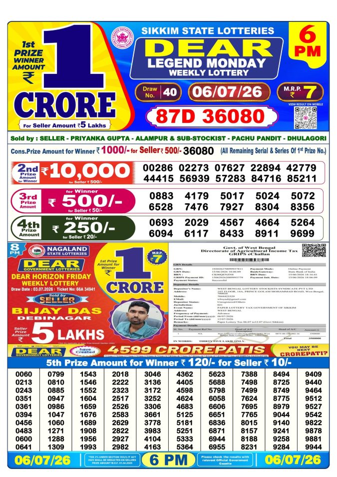 06-07-26 Sikkim State Lottery 6 PM Dear Result Lottery Result Today 06.07.26