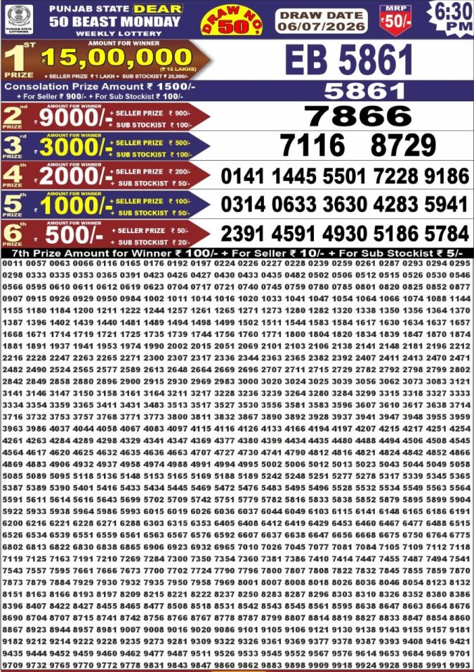 06-07-26 Punjab State Lotteries Dear 50 6:30 PM Result Lottery Result Today 06.07.26