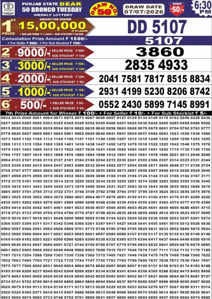 07-07-26 Punjab State Lotteries Dear 50 6:30 PM Result Lottery Result Today 07.07.26
