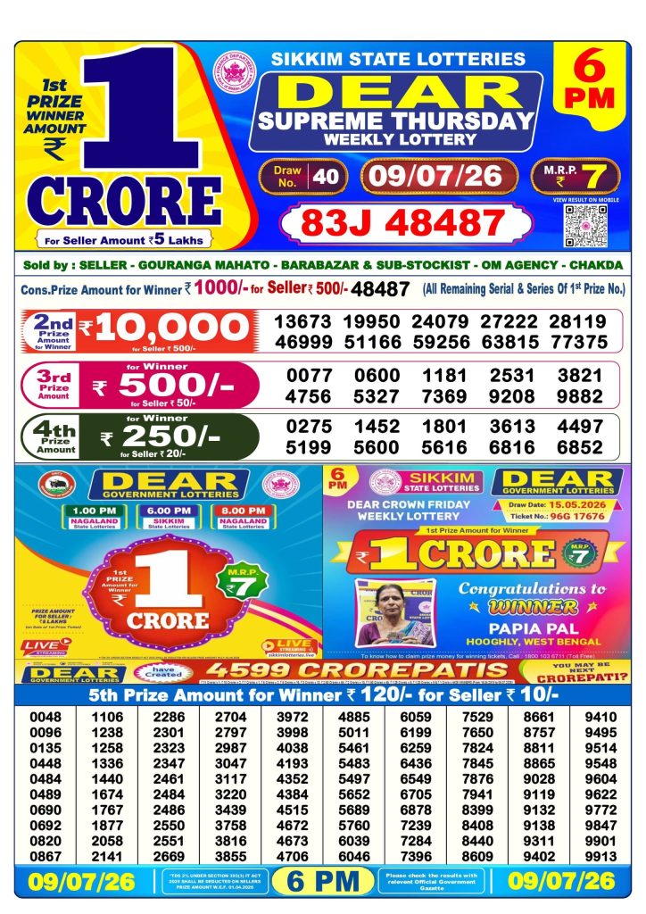09-07-26 Sikkim State Lottery 6 PM Dear Result Lottery Result Today 09.07.26