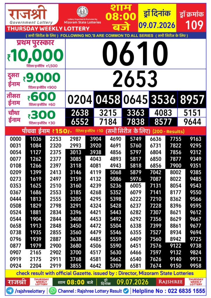 09-07-26 Rajshree Lottery 8 PM Result Today Lottery Result Today 09.07.26