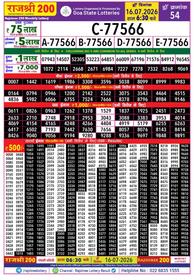 Lottery Result Today 16.07.26