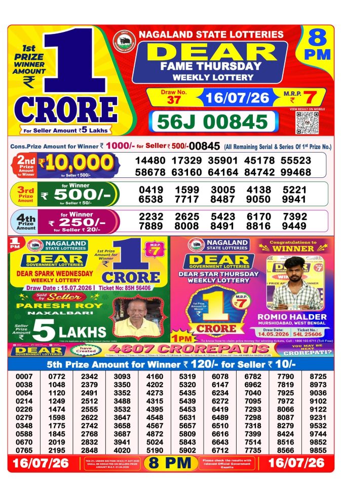 16-07-26 Nagaland Lottery Sambad 8 PM Result Dear Lottery Lottery Result Today 16.07.26