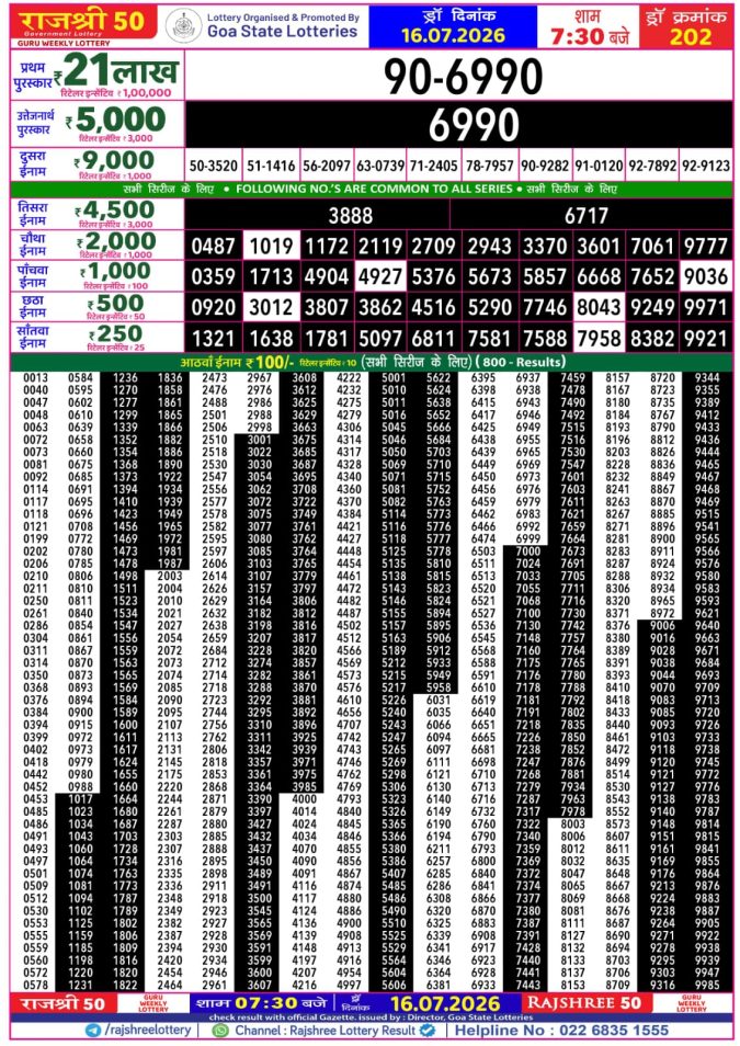 16-07-26 Goa Rajshree 50 Weekly 7:30 PM Result Lottery Result Today 16.07.26