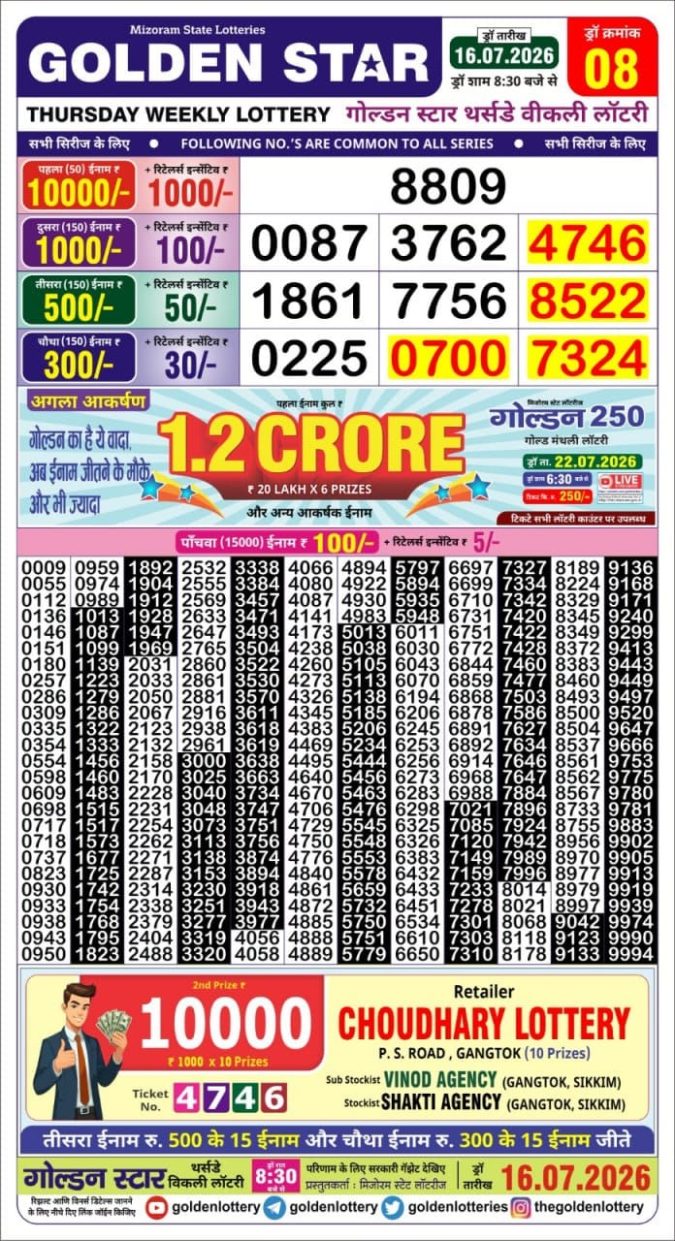 16-07-26 Golden Star Weekly 8:30 PM Result Today Lottery Result Today 16.07.26