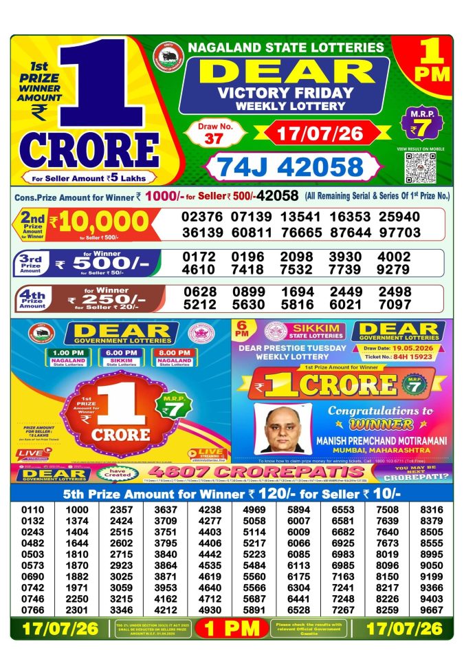 17-07-26 Lottery Sambad 1 PM Result Dhankesari Lottery Result Today 17.07.26
