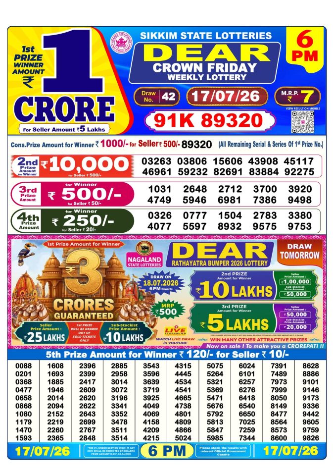 17-07-26 Sikkim State Lottery 6 PM Dear Result Lottery Result Today 17.07.26