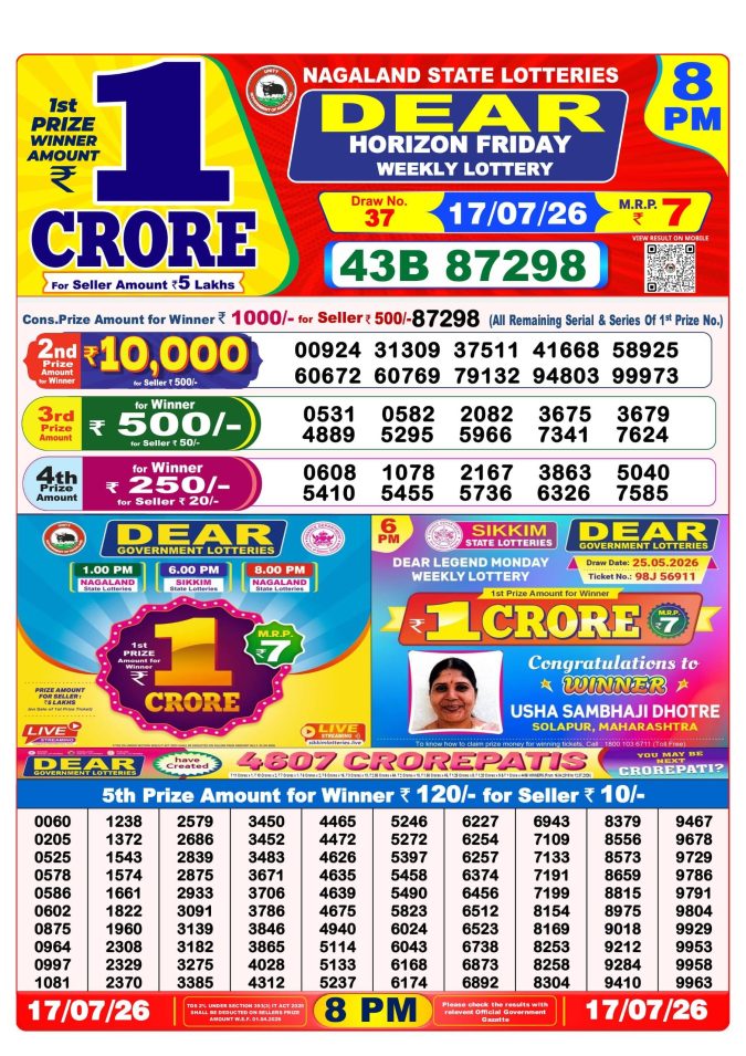 17-07-26 Nagaland Lottery Sambad 8 PM Result Dear Lottery Lottery Result Today 17.07.26