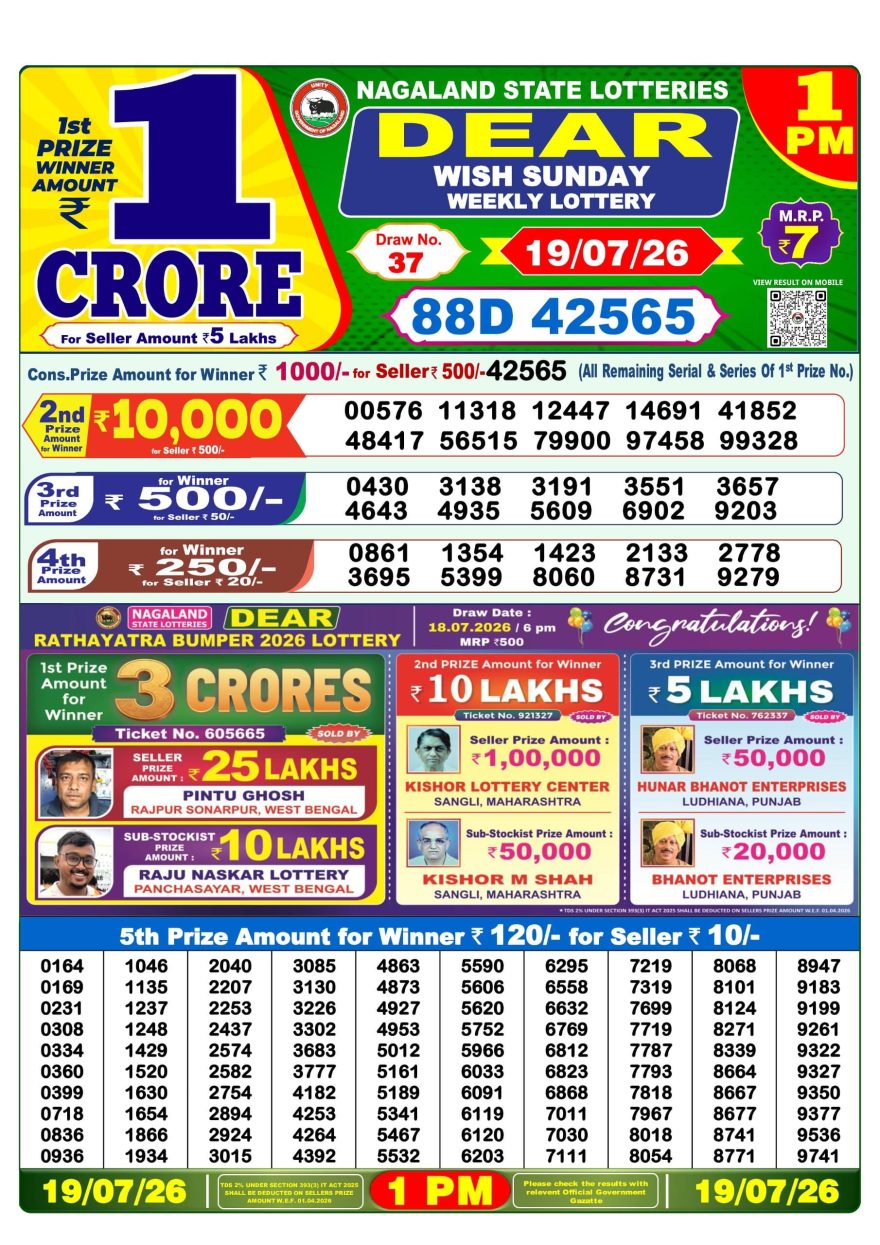 Lottery Result Today 19.07.26