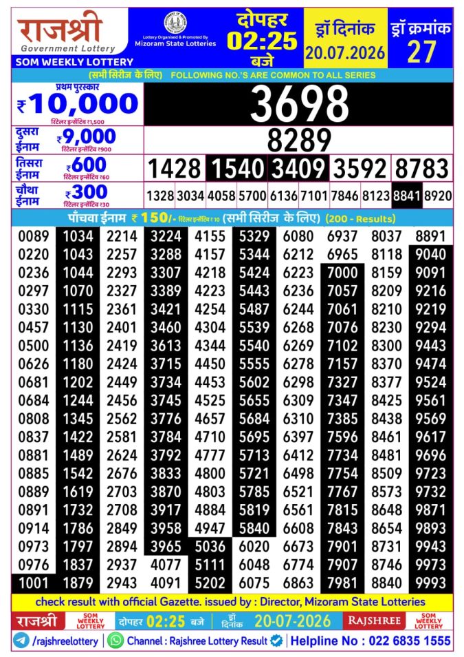 Lottery Result Today 20.07.26
