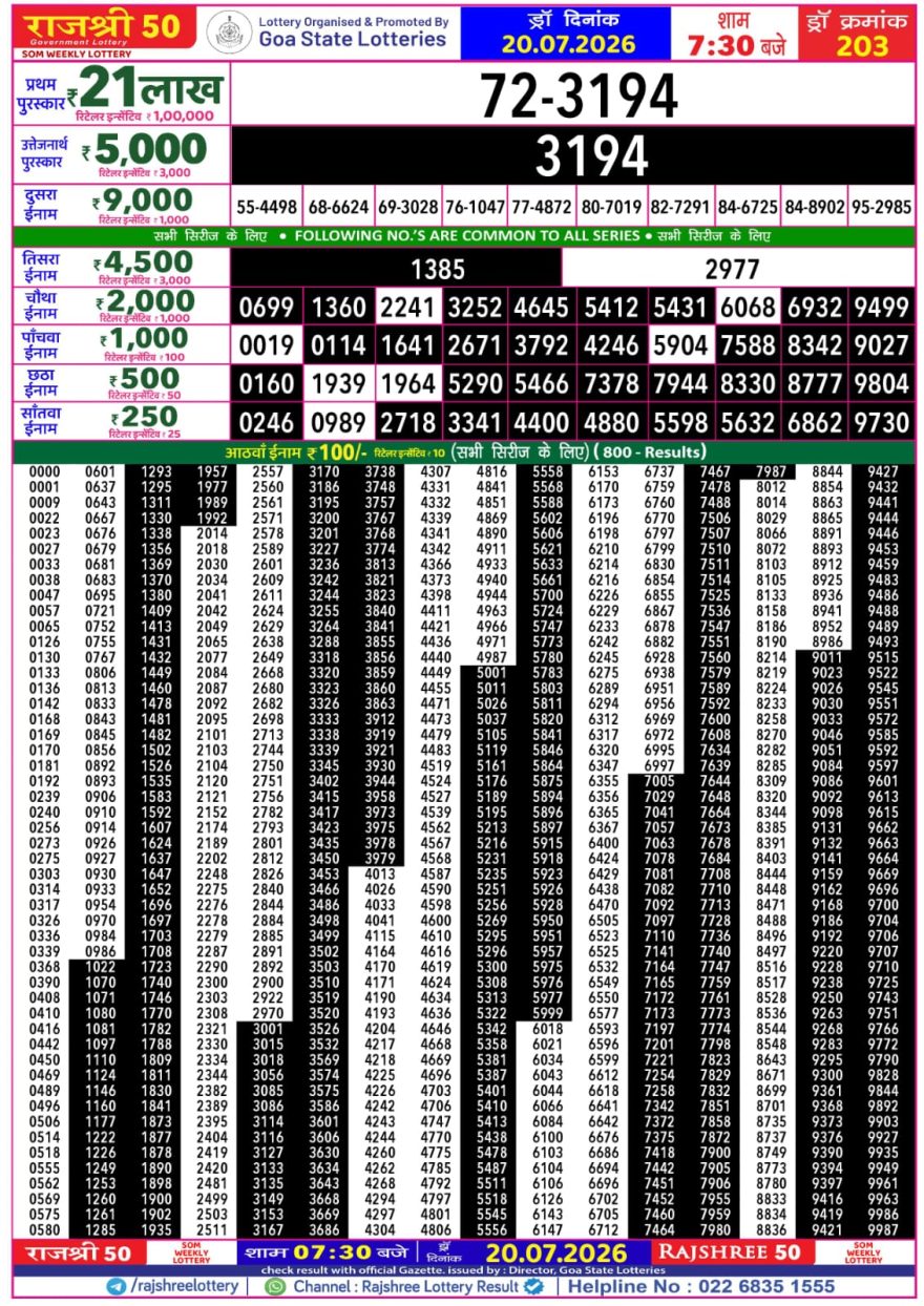 Lottery Result Today 20.07.26