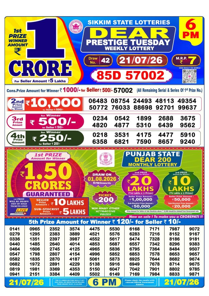 Lottery Result Today 21.07.26