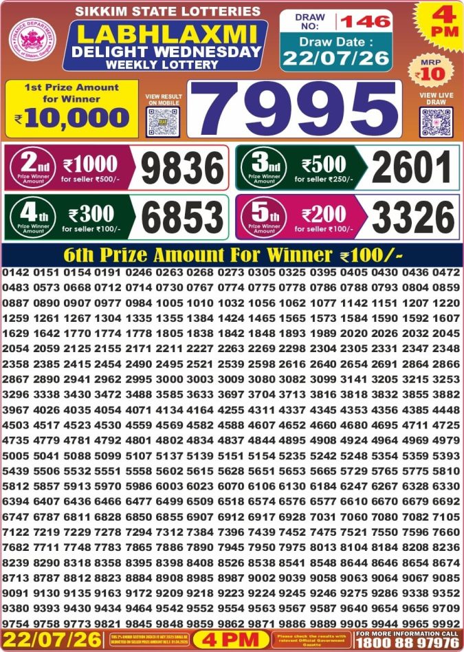 22-07-26 Labh Laxmi 4 PM Lottery Lottery Result Today 22.07.26
