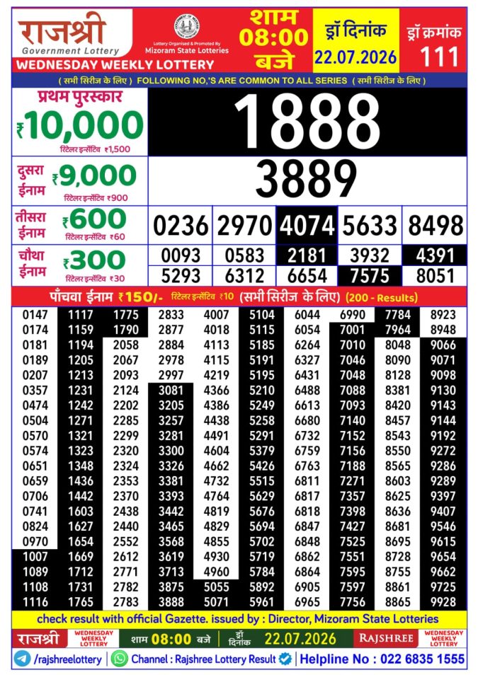 22-07-26 Rajshree Lottery 8 PM Result Today Lottery Result Today 22.07.26