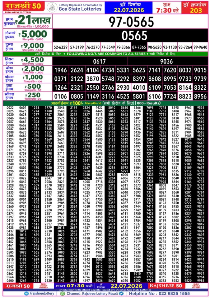 22-07-26 Goa Rajshree 50 Weekly 7:30 PM Result Lottery Result Today 22.07.26