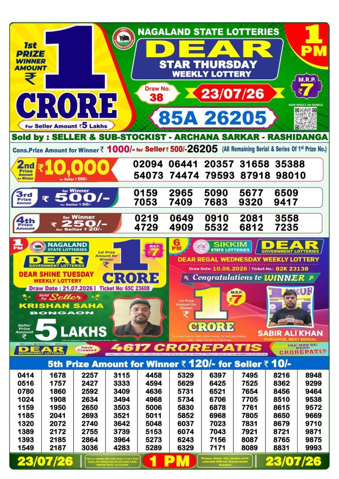 23-07-26 Lottery Sambad 1 PM Result Dhankesari Lottery Result Today 23.07.26