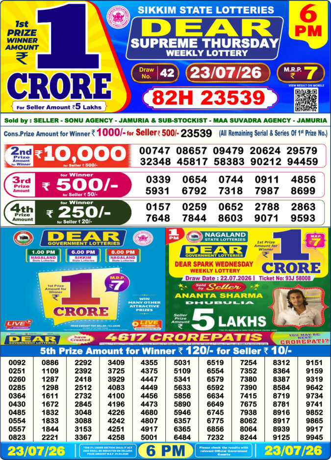 23-07-26 Sikkim State Lottery 6 PM Dear Result Lottery Result Today 23.07.26