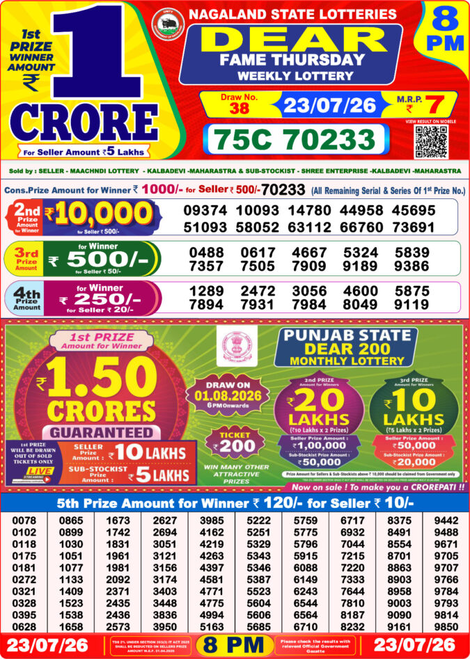 23-07-26 Nagaland Lottery Sambad 8 PM Result Dear Lottery Lottery Result Today 23.07.26