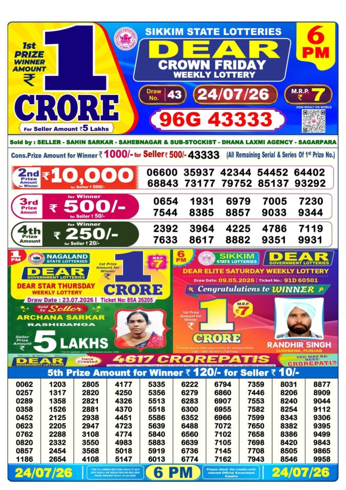24-07-26 Sikkim State Lottery 6 PM Dear Result Lottery Result Today 24.07.26