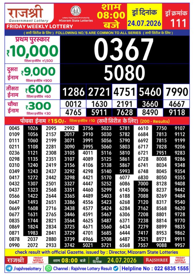 24-07-26 Rajshree Lottery 8 PM Result Today Lottery Result Today 24.07.26