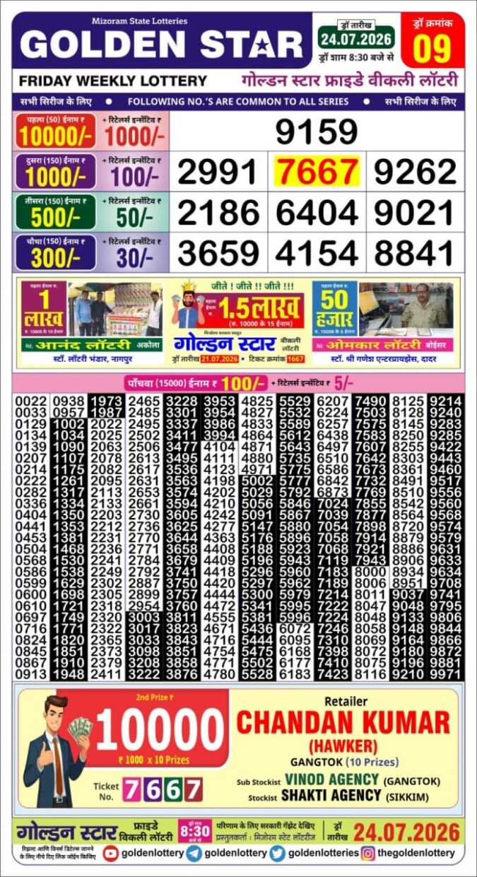 24-07-26 Golden Star Weekly 8:30 PM Result Today Lottery Result Today 24.07.26