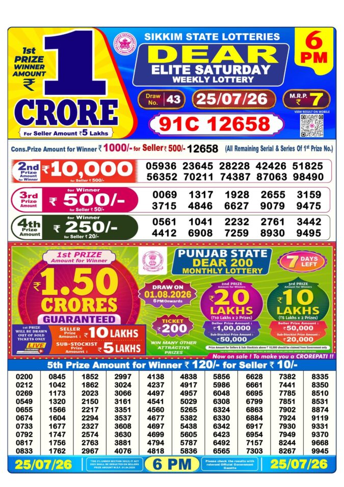 25-07-26 Sikkim State Lottery 6 PM Dear Result Lottery Result Today 25.07.26