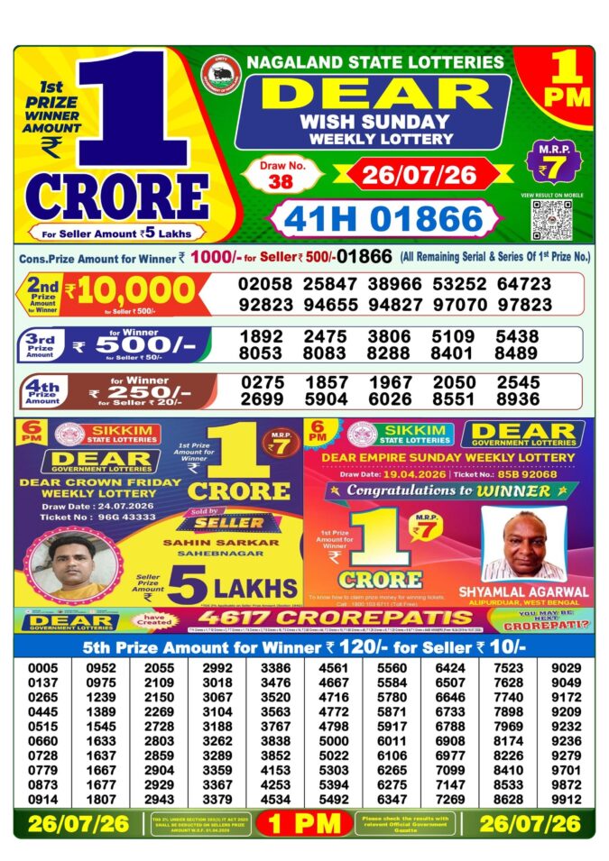 26-07-26 Lottery Sambad 1 PM Result Dhankesari Lottery Result Today 26.07.26