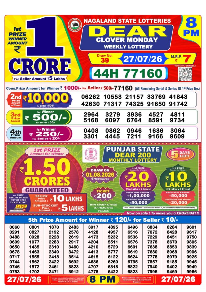 27-07-26 Nagaland Lottery Sambad 8 PM Result Dear Lottery Lottery Result Today 27.07.26