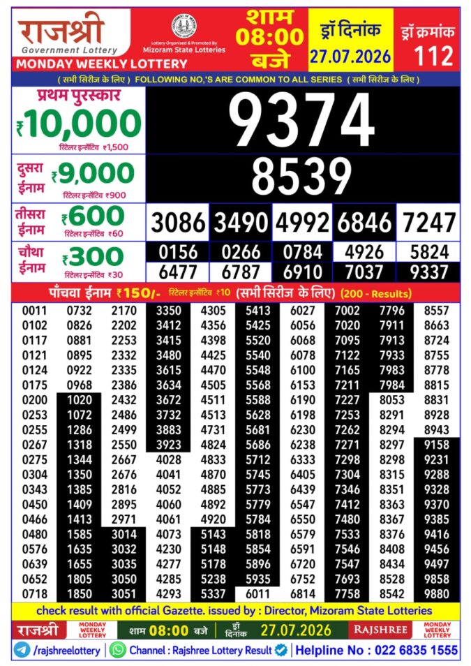 27-07-26 Rajshree Lottery 8 PM Result Today Lottery Result Today 27.07.26
