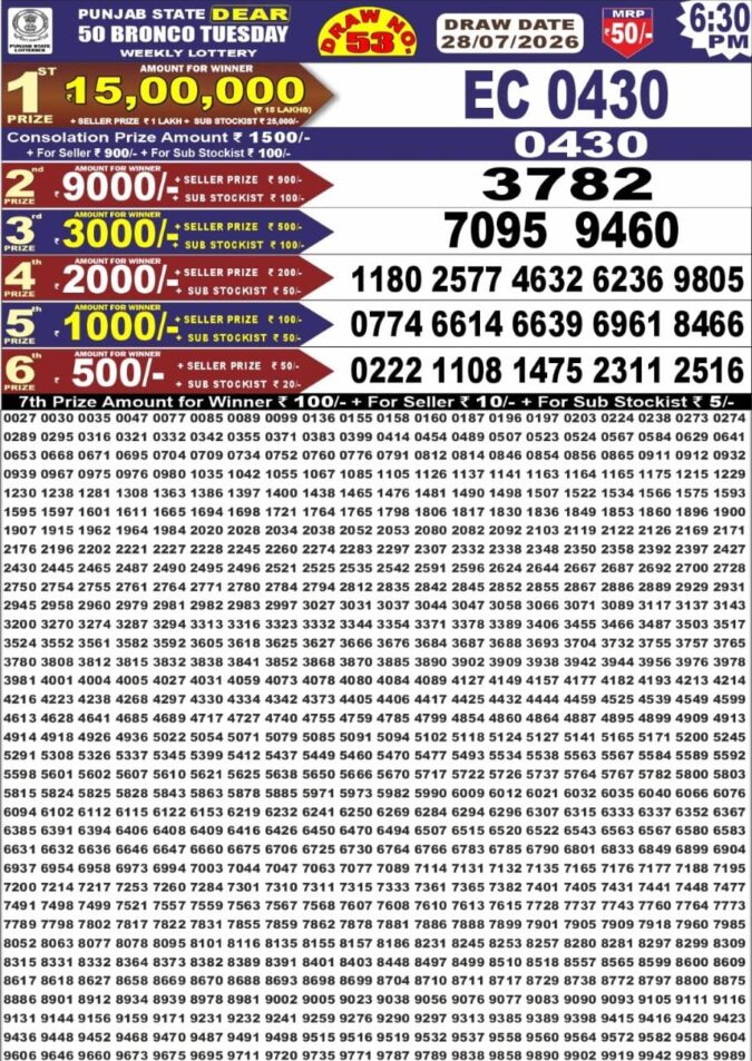 28-07-26 Punjab State Lotteries Dear 50 6:30 PM Result Lottery Result Today 28.07.26
