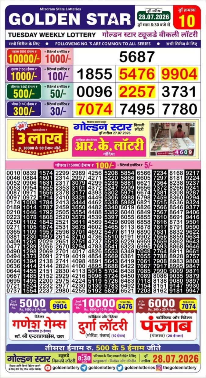 28-07-26 Golden Star Weekly 8:30 PM Result Today Lottery Result Today 28.07.26