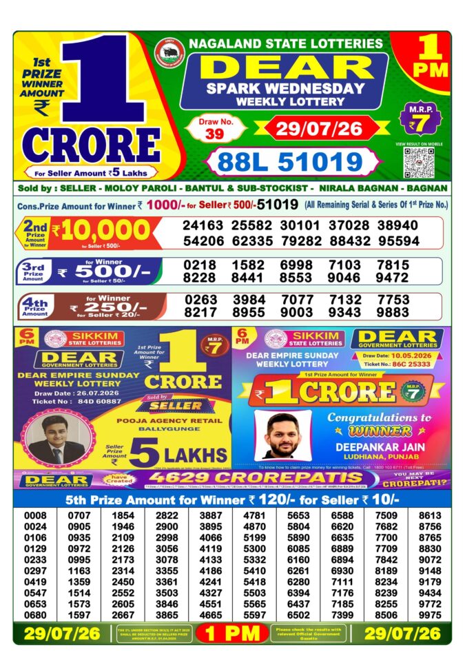 29-07-26 Lottery Sambad 1 PM Result Dhankesari Lottery Result Today 29.07.26