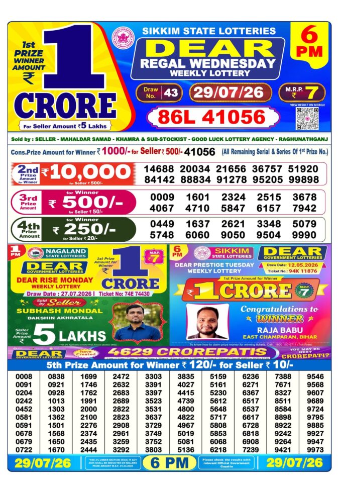 29-07-26 Sikkim State Lottery 6 PM Dear Result Lottery Result Today 29.07.26