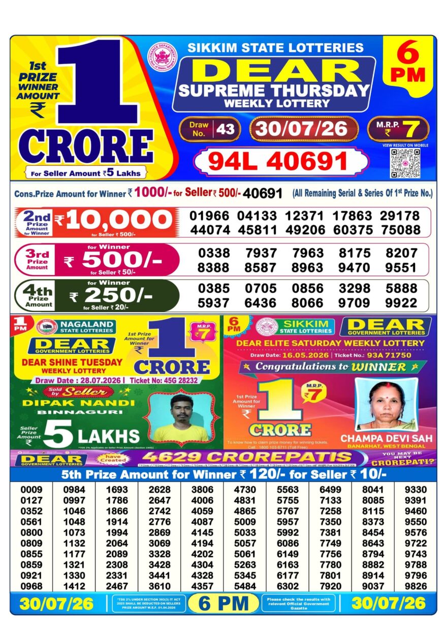 Lottery Result Today 30.07.26