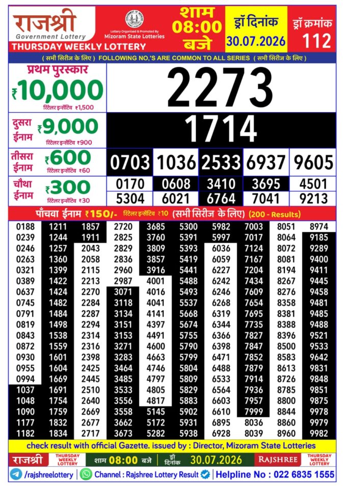 Lottery Result Today 30.07.26