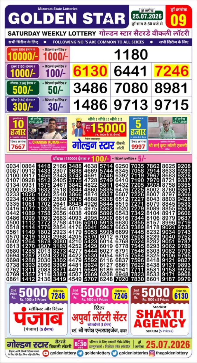 25-07-26 Golden Star Weekly 8:30 PM Result Today Lottery Result Today 25.07.26