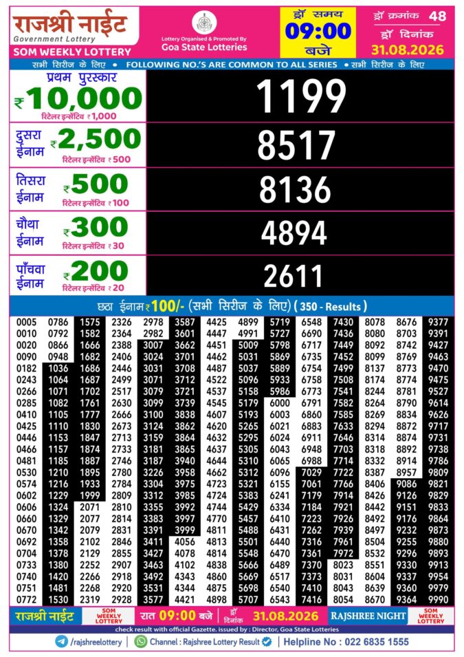 31-08-26 Rajshree Night Weekly 9 PM Result Today Lottery Result Today 31.08.26