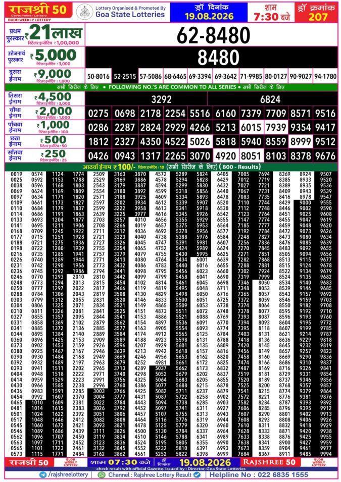 19-08-26 Goa Rajshree 50 Weekly 7:30 PM Result Lottery Result Today 19.08.26
